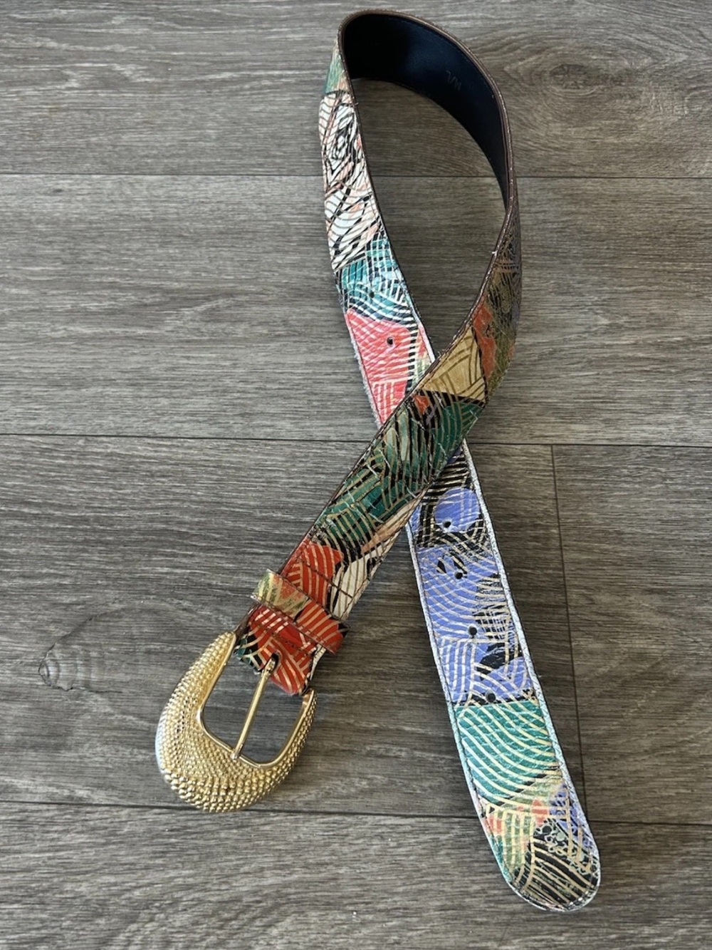 Vintage 80s Abstract Painted Leather Belt Gold Buckle USA M/L 38” - Picture 14 of 14